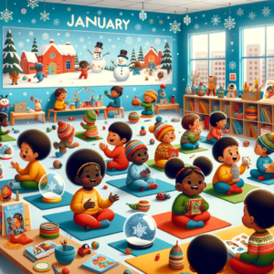 Wonders at Lady Bugs Daycare, featuring black and brown children engaged in January-themed activities. The scene captures the essence of the daycare's inclusive and engaging environment.